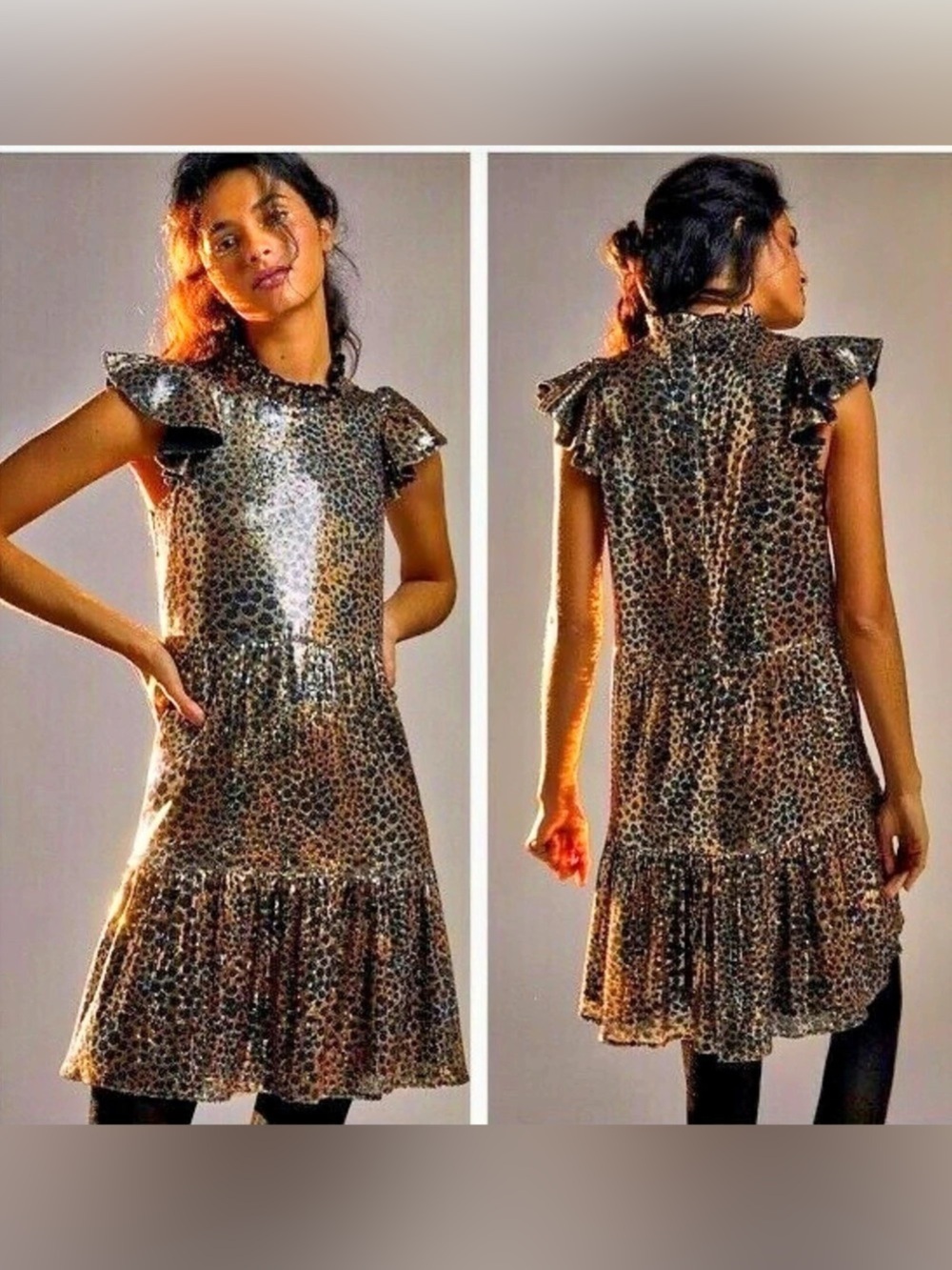 ANTHROPOLOGIE OTHILIA JOELLA GOLD SEQUIN ANIMAL LEOPARD Print DRESS Size L